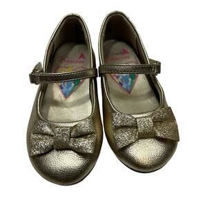 Disney Princess Toddler Size 6.5 Shiny Gold MaryJane Shoes Glitter Bow -Non-Slip
